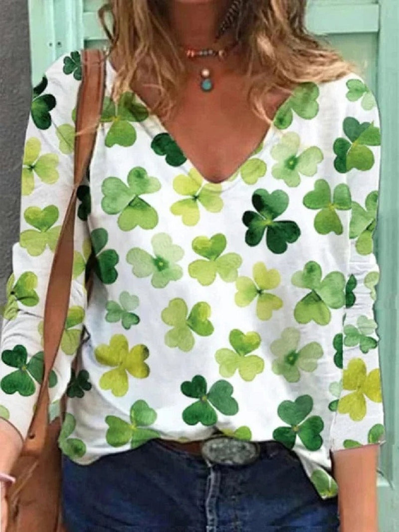 Green Casual V-Neck Printed Long Sleeve Blouse