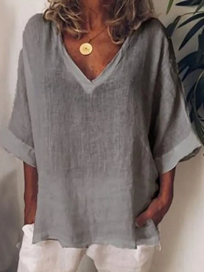 Grey Casual V-Neck Solid Half Sleeve Blouse