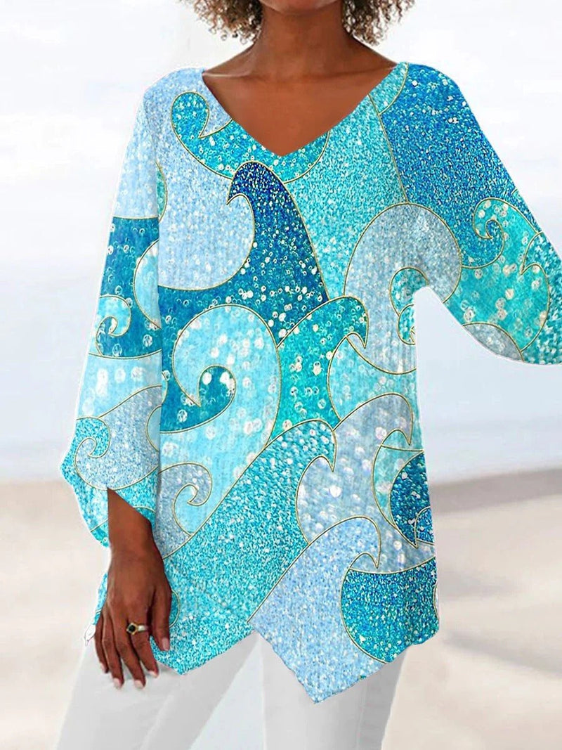 Colorful Casual V-Neck Printed Long Sleeve Blouse