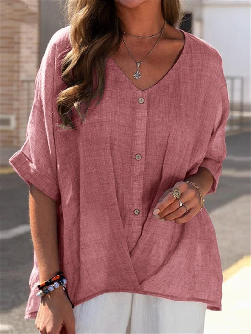Coral Casual V-Neck Soild Half Sleeve Blouse