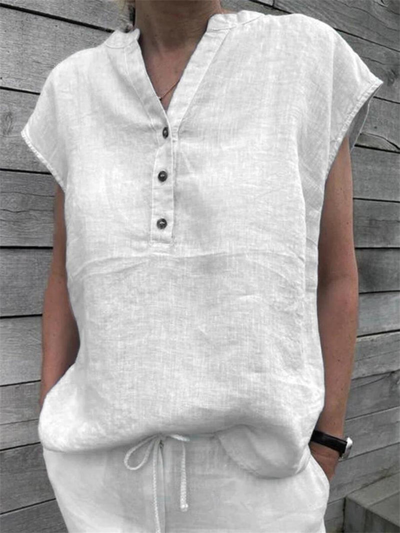White Casual V-Neck Button-Embellished Short Sleeve Blouse