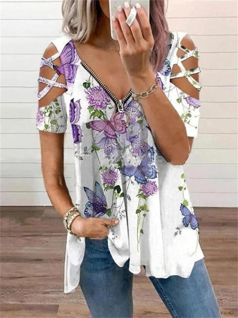 White Casual Graphic V-Neck Floral Printed Short Sleeve Blouse