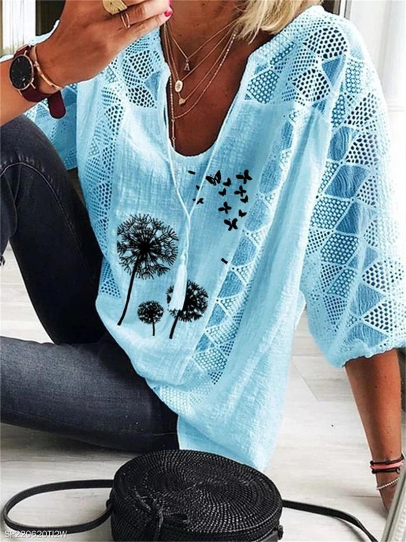 Blue Casual Graphic V-Neck Dandelion Printed Half Sleeve Blouse