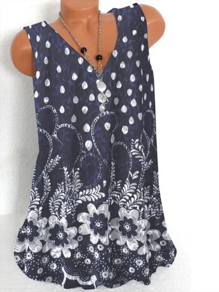 Navy Casual Graphic V-Neck Floral Printed Sleeveless Tank