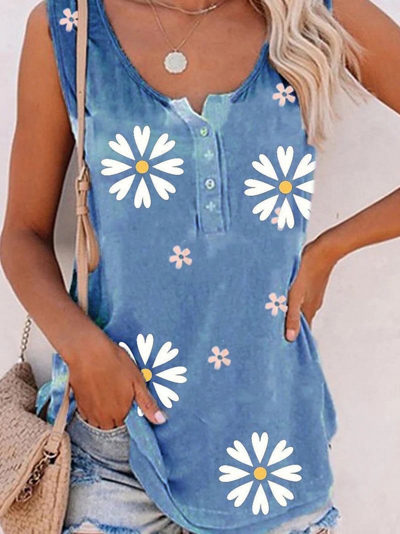 Blue Casual Graphic Round Neck Floral Printed Sleeveless Tank