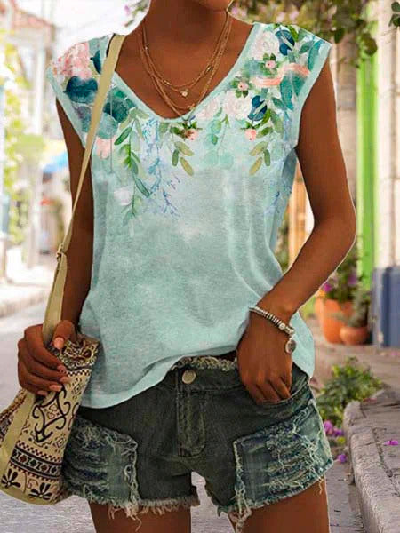 Green Casual Graphic V-Neck Printed Sleeveless Tank
