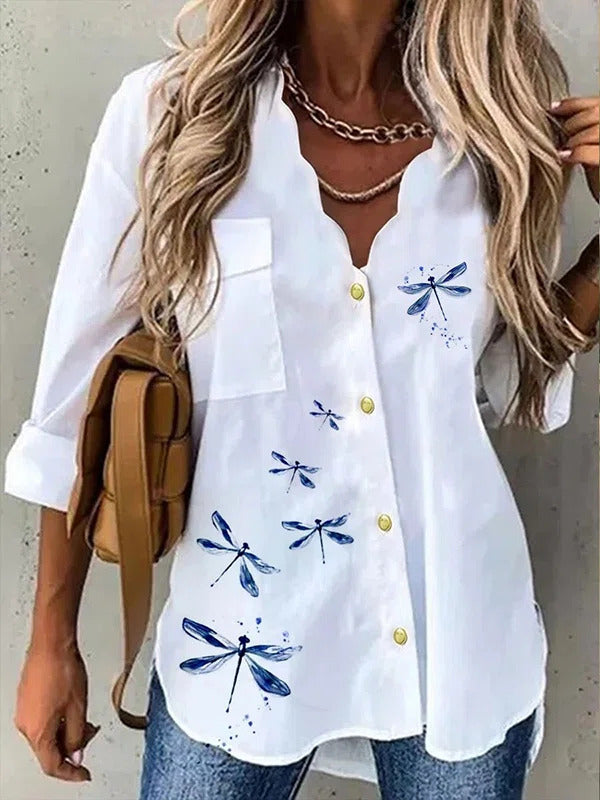 White Casual Graphic Dragonfly Printed Long Sleeve Blouse