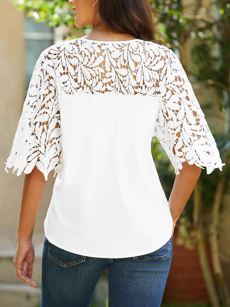 White Casual V-Neck Lace Half Sleeve Blouse