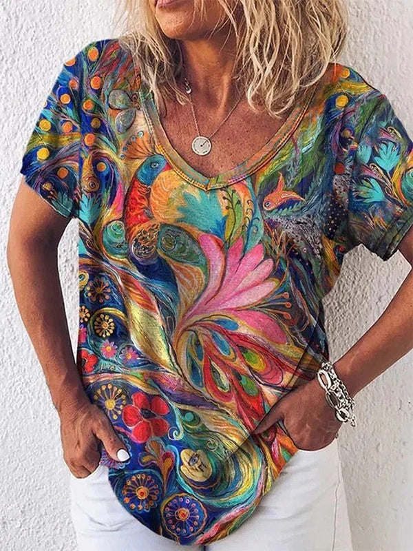 Colorful Abstract Print Women's V-Neck Short Sleeve Top