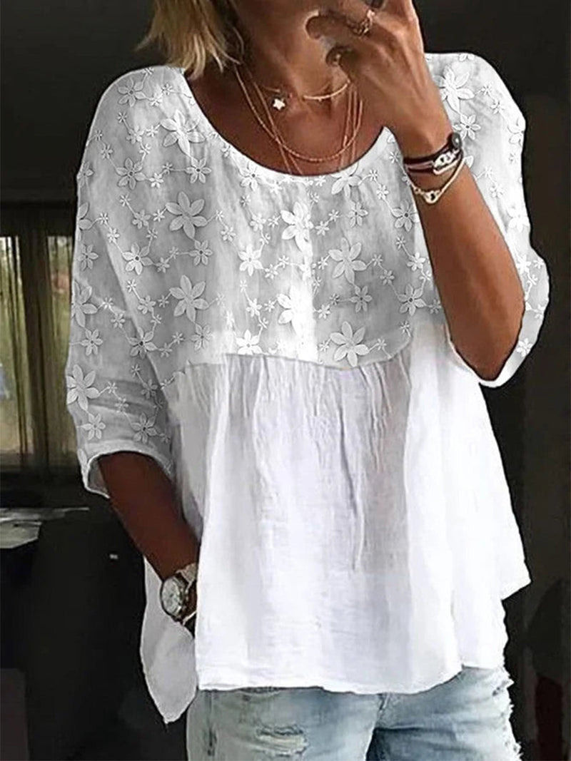 Women's White Floral Embroidered Patchwork Relaxed Blouse
