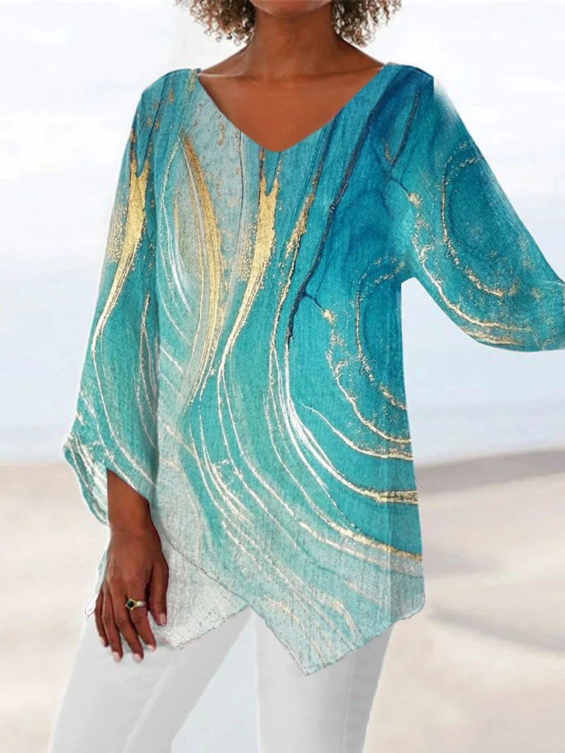 Turquoise Print Women's V-Neck Long Sleeve Asymmetric Hem Top