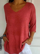 Women's Casual V-Neck 3/4 Sleeve Relaxed Knit Top