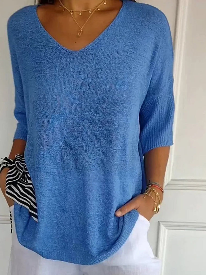 Women's Casual V-Neck 3/4 Sleeve Relaxed Knit Top