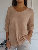Women's Casual V-Neck 3/4 Sleeve Relaxed Knit Top