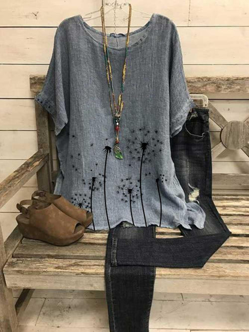 Women's Summer Dandelion Print Relaxed Short Sleeve Top