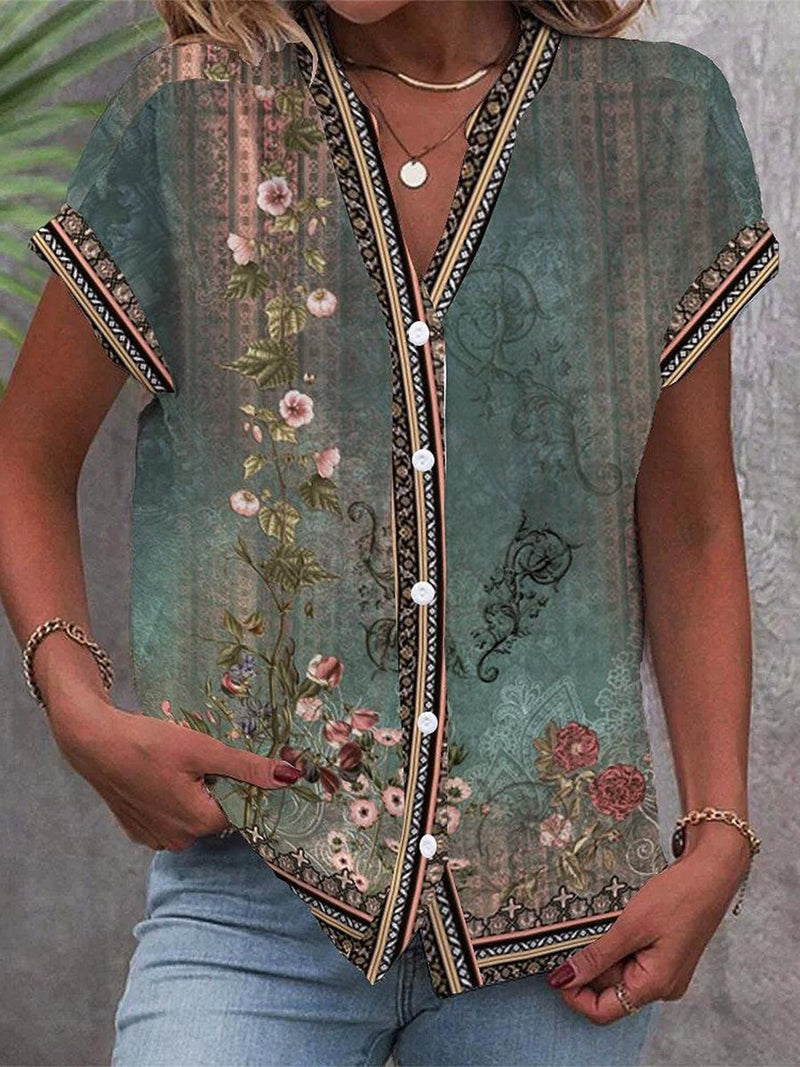 Vintage Floral Print Women's Front-Button Short Sleeve Blouse