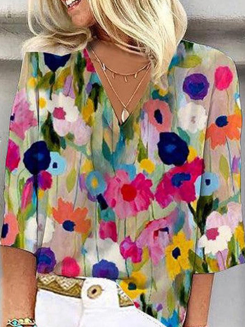 Colorful Floral V-Neck 3/4 Sleeve Women's Casual Loose Blouse