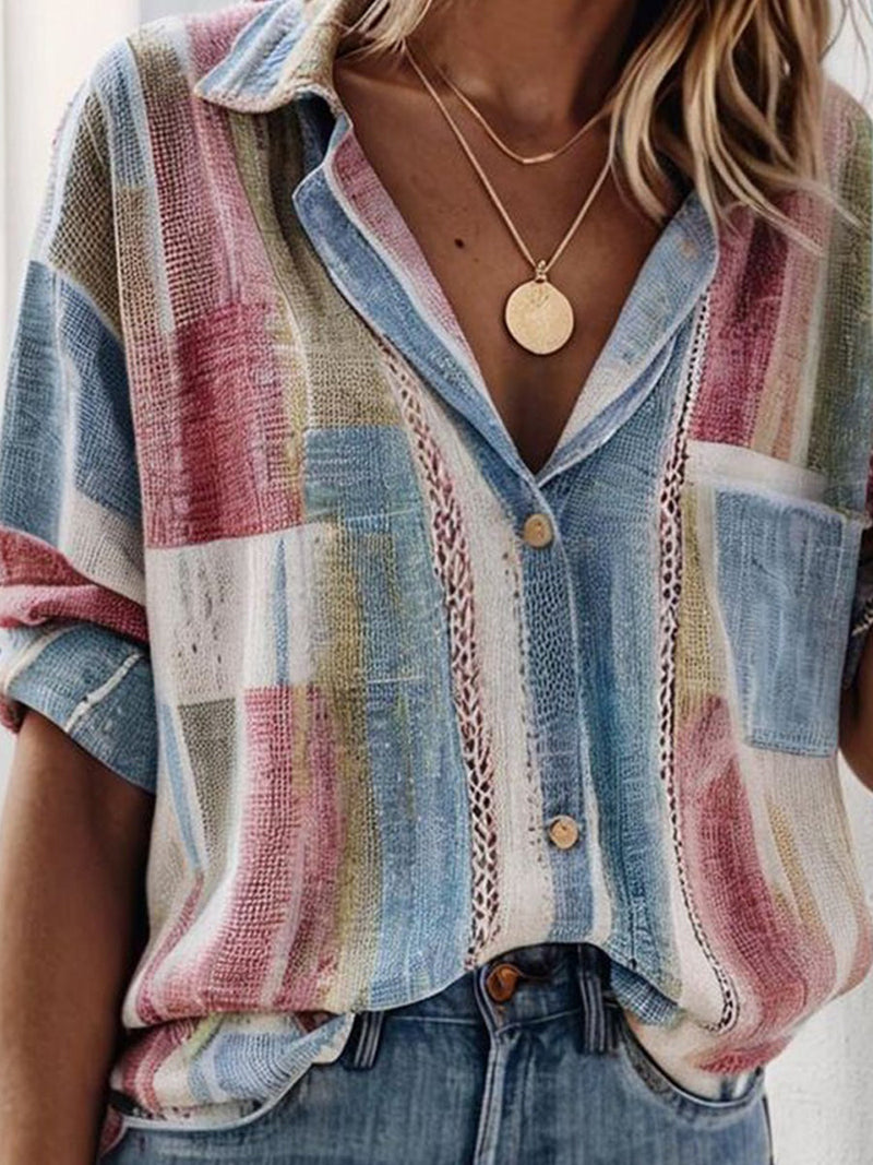 Casual Women's Short Sleeve Button-Down Patchwork Shirt