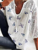 Women's Relaxed Butterfly Print Mesh Sleeve Top