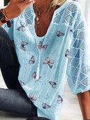 Women's Relaxed Butterfly Print Mesh Sleeve Top