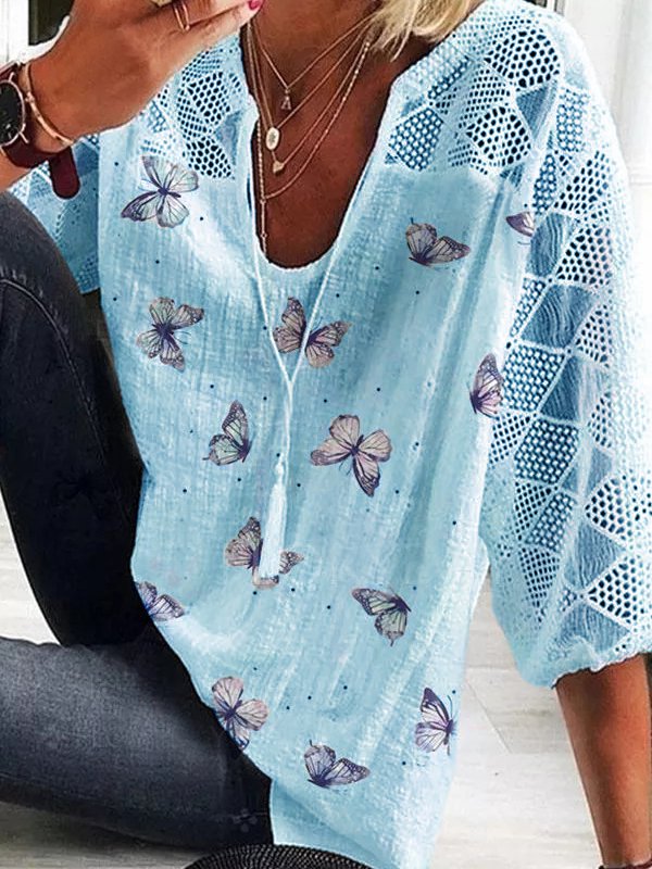 Women's Relaxed Butterfly Print Mesh Sleeve Top