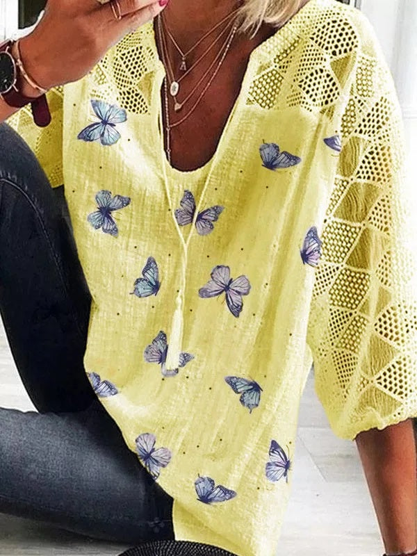 Women's Relaxed Butterfly Print Mesh Sleeve Top