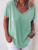 Women's Summer Casual V-Neck Short Sleeve Relaxed Tee