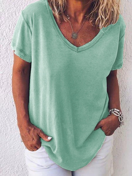 Women's Summer Casual V-Neck Short Sleeve Relaxed Tee