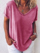 Women's Summer Casual V-Neck Short Sleeve Relaxed Tee