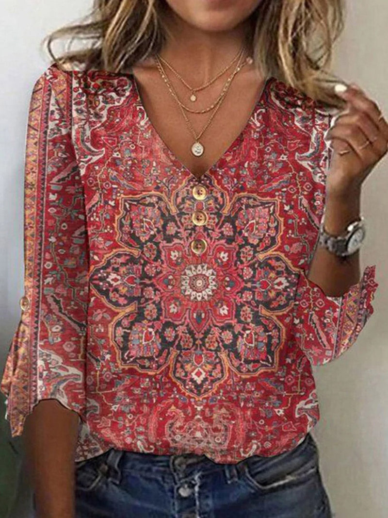 Ethnic Print Women's V-Neck 3/4 Sleeve Front-Button Blouse