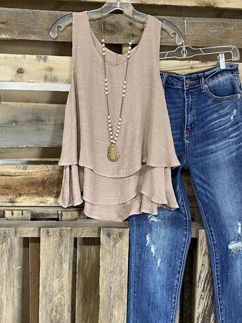Women's Sleeveless Layered Ruffle Hem Summer Flowy Top