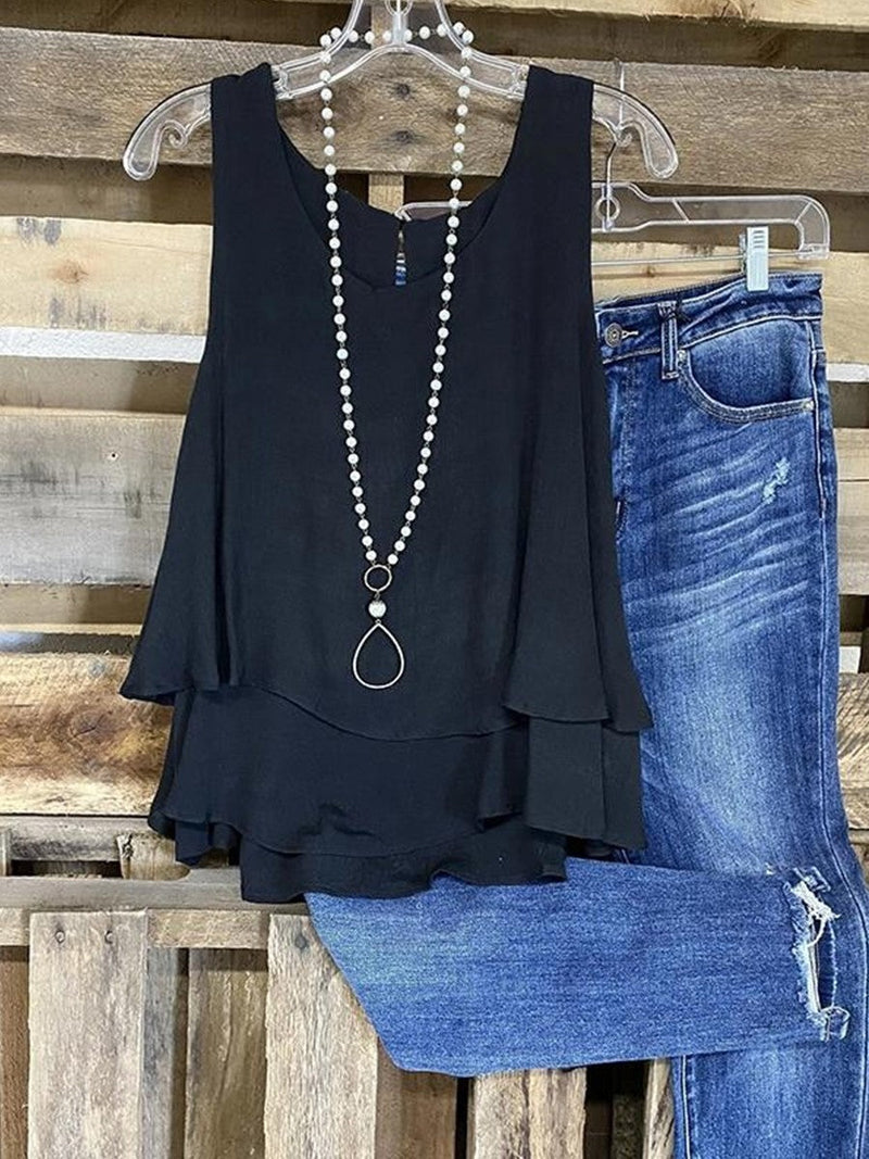 Women's Sleeveless Layered Ruffle Hem Summer Flowy Top