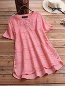 Women's Cotton Eyelet Short Sleeve Detailed Button Casual Tunic