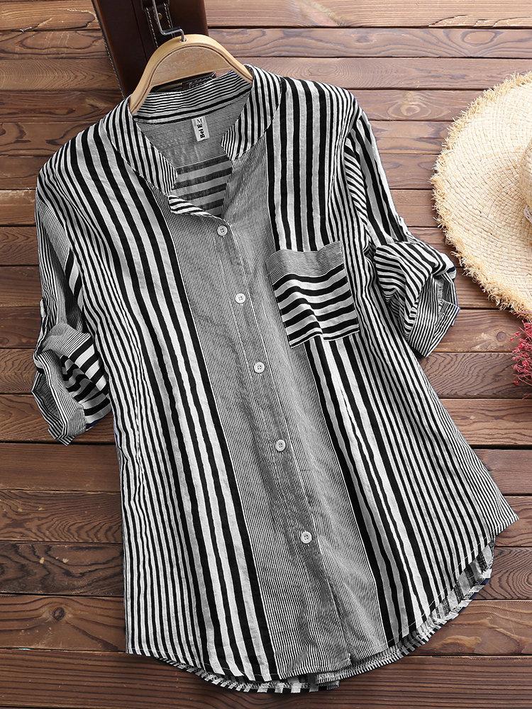 Casual Women's Striped 3/4 Sleeve Button-Down Blouse