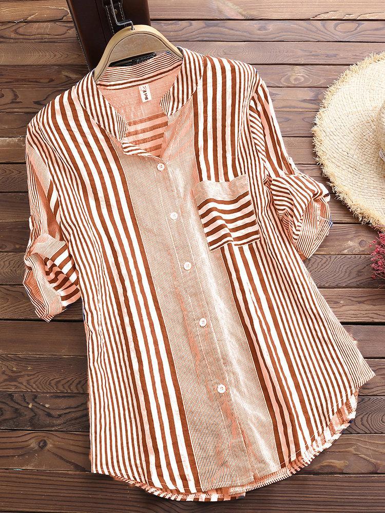 Casual Women's Striped 3/4 Sleeve Button-Down Blouse