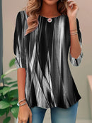 Abstract Print 3/4 Sleeve Round Neck Women's Casual Loose Blouse