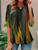 Abstract Print 3/4 Sleeve Round Neck Women's Casual Loose Blouse