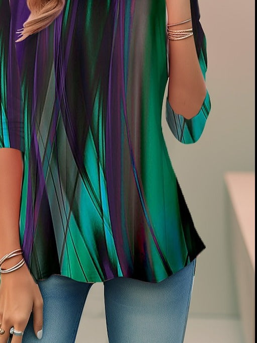 Abstract Print 3/4 Sleeve Round Neck Women's Casual Loose Blouse