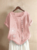 Cotton Short Sleeve Women's Top with Dandelion Print & Buttons