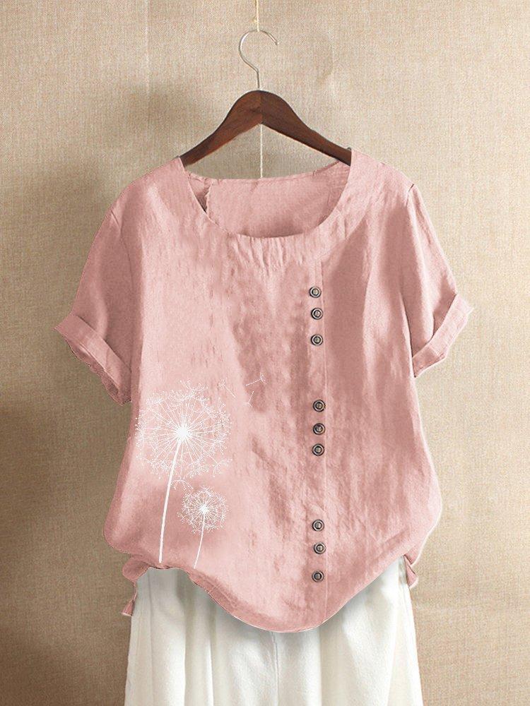 Cotton Short Sleeve Women's Top with Dandelion Print & Buttons