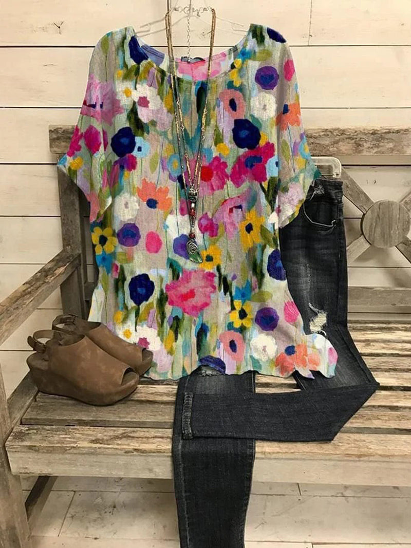 Summer Casual Floral Print Short Sleeve Relaxed Women's Blouse