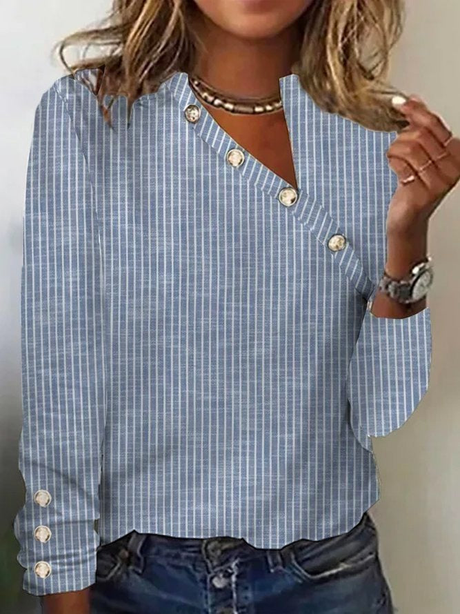 Women's Striped Long Sleeve Asymmetric Button Blouse