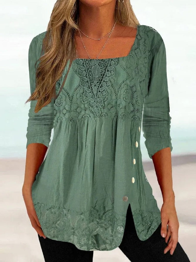 Lace Patchwork Square Neck Tunic Top with Side Buttons for Women