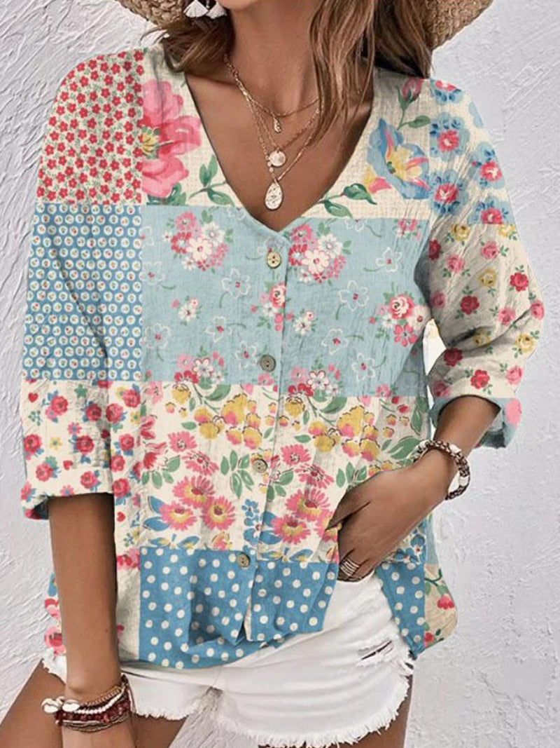 Patchwork Floral Print V-Neck 3/4 Sleeve Front-Button Casual Blouse