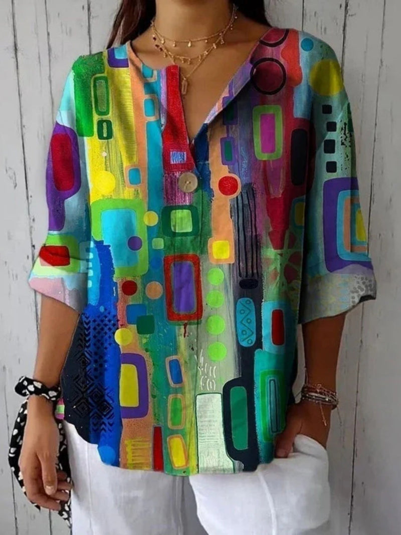 Colorful Geometric Print Long Sleeve Casual Blouse for Women