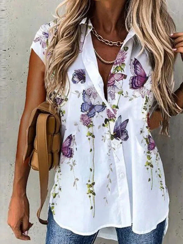 Summer Butterfly Print Short Sleeve Button-Down Blouse for Women