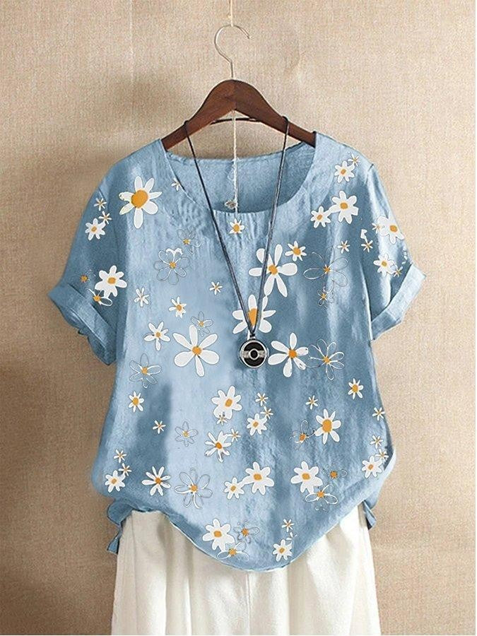 Summer Daisy Print Casual Short Sleeve Relaxed Blouse for Women