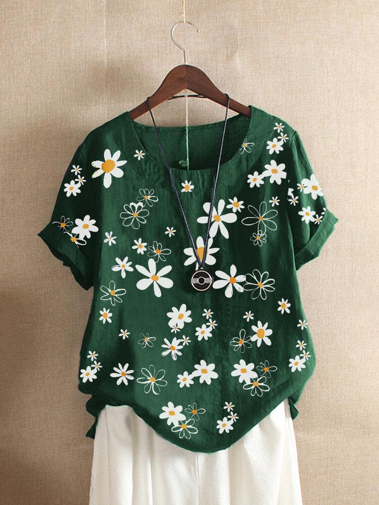 Summer Daisy Print Casual Short Sleeve Relaxed Blouse for Women