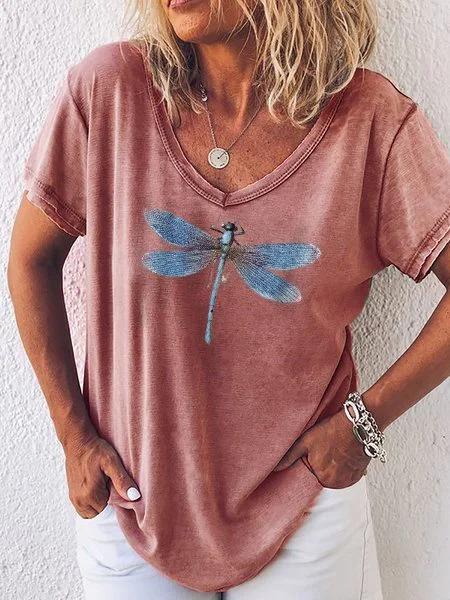 Casual V-Neck Dragonfly Print Short Sleeve Tee for Women