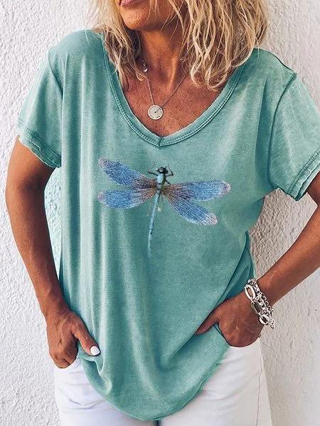 Casual V-Neck Dragonfly Print Short Sleeve Tee for Women